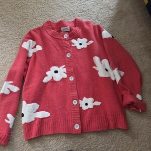 Red Cardigan with White Floral Pattern